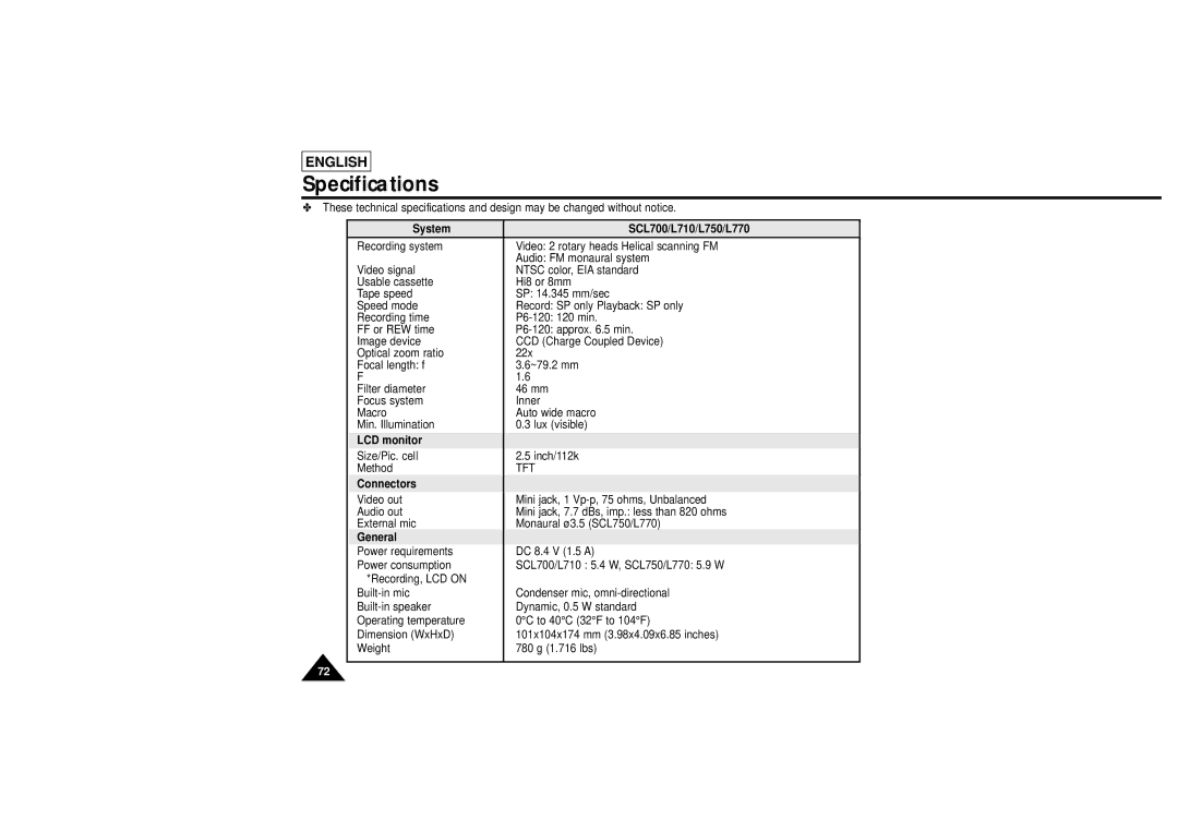 Samsung manual Specifications, System SCL700/L710/L750/L770, LCD monitor, Connectors, General 