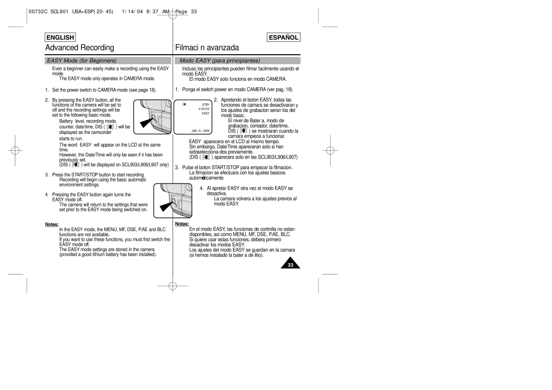 Samsung L907, L906, L903 manual Modo Easy para principiantes, Easy Mode for Beginners 