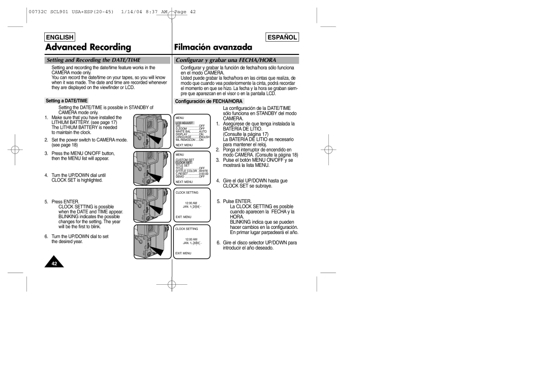 Samsung L907, L906, L903 manual Setting and Recording the DATE/TIME, Configuración de FECHA/HORA 