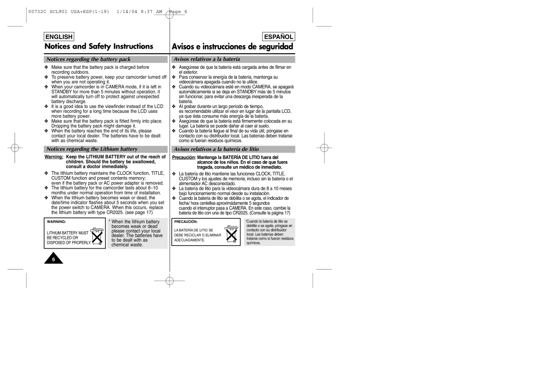 Samsung L907, L906, L903 manual Avisos relativos a la batería de litio, Precaución Mantenga la Batería DE Litio fuera del 