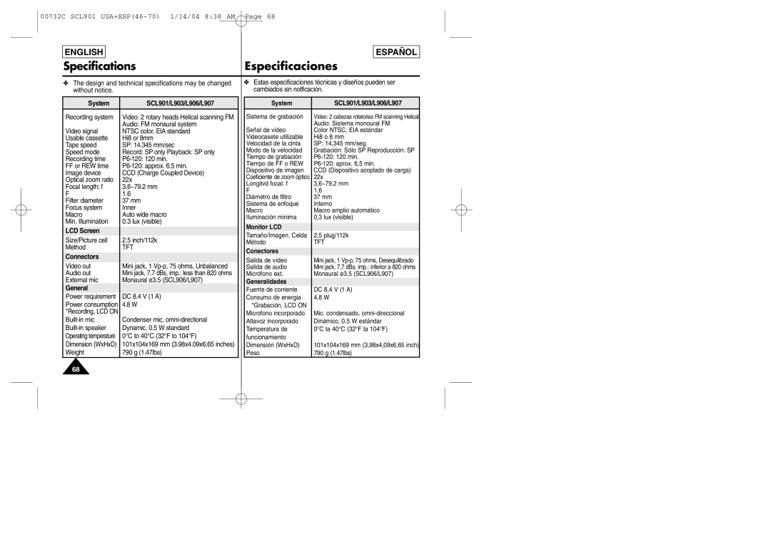 Samsung Specifications Especificaciones, System SCL901/L903/L906/L907, LCD Screen Monitor LCD, Conectores Connectors 