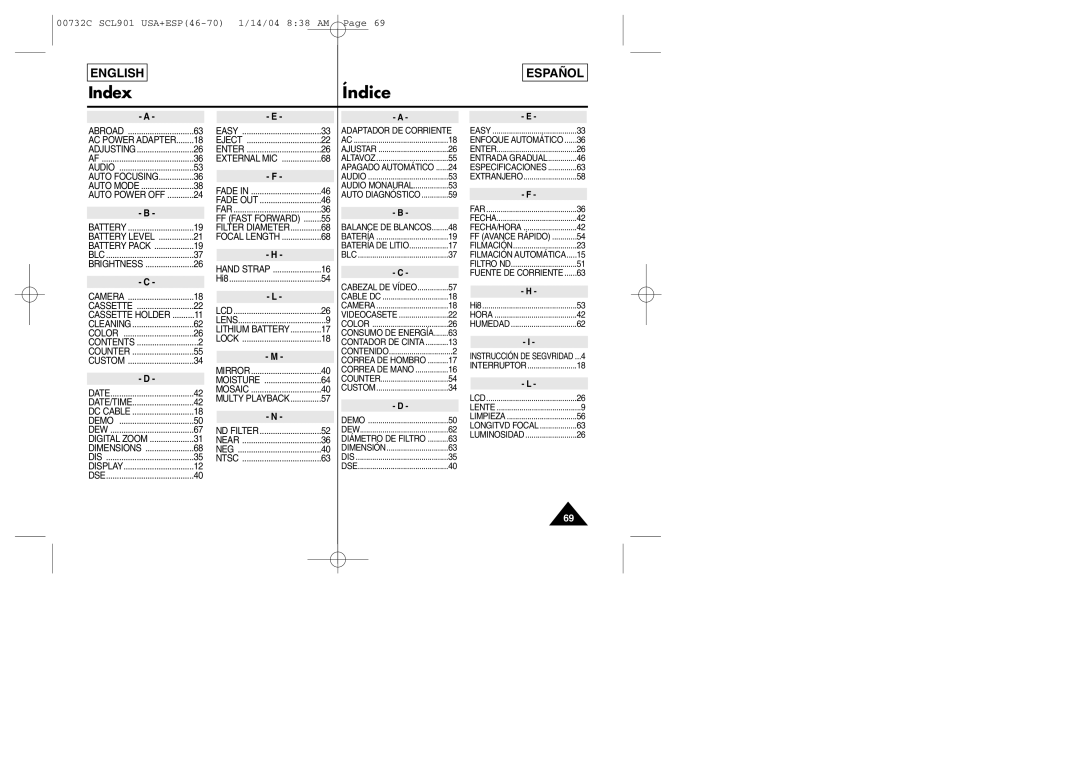 Samsung L907, L906, L903 manual Index Índice, Far, Cabezal DE Vídeo, Counter Contenido 