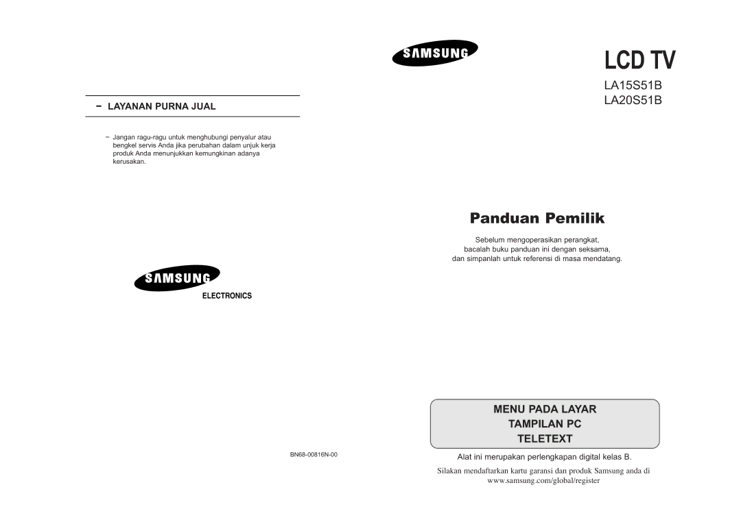 Samsung LA20S51B, LA15S51B manual Layanan Purna Jual, BN68-00816N-00 