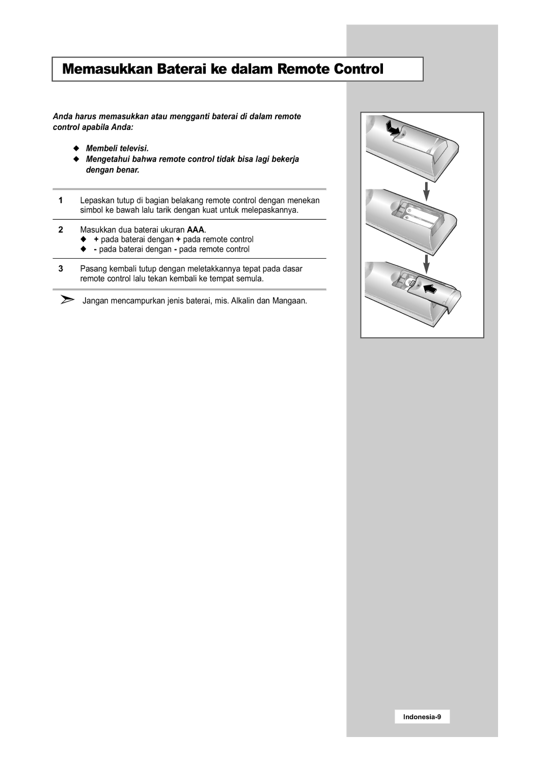 Samsung LA20S51B, LA15S51B manual Memasukkan Baterai ke dalam Remote Control 