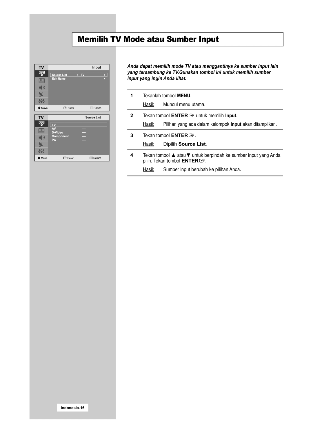 Samsung LA15S51B, LA20S51B manual Memilih TV Mode atau Sumber Input, Tekan tombol Enter, Hasil Dipilih Source List 