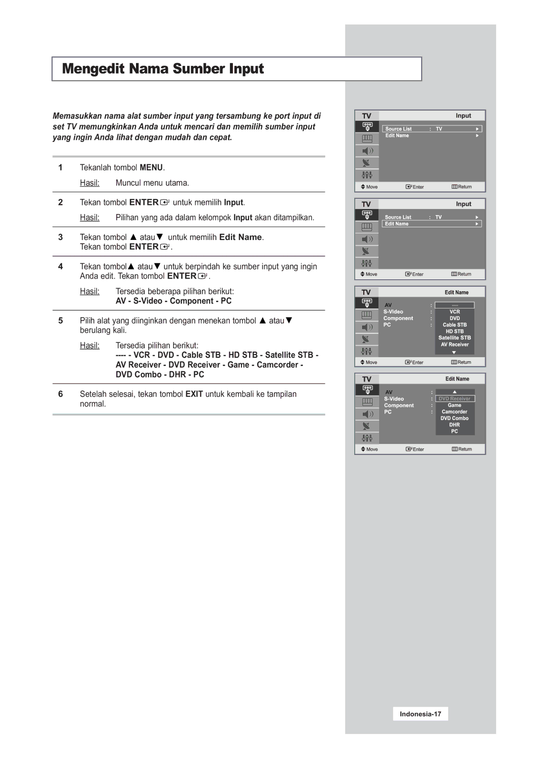 Samsung LA20S51B, LA15S51B manual Mengedit Nama Sumber Input, Hasil 