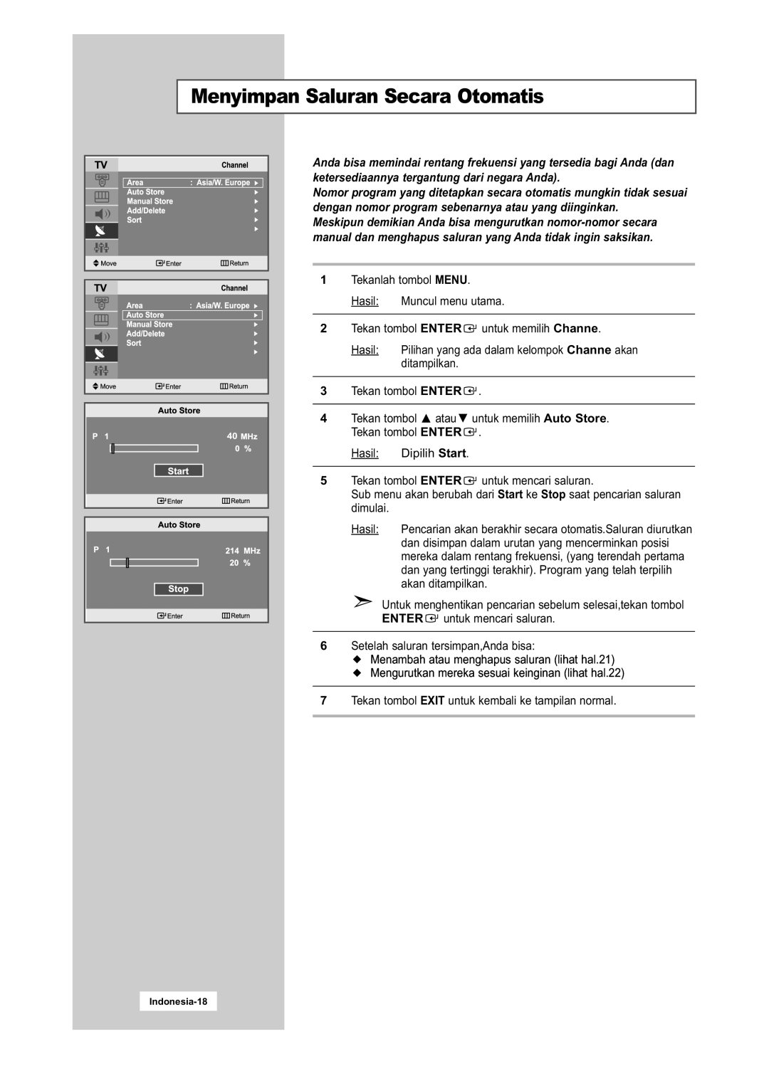 Samsung LA15S51B, LA20S51B manual Menyimpan Saluran Secara Otomatis, Ditampilkan, Akan ditampilkan 