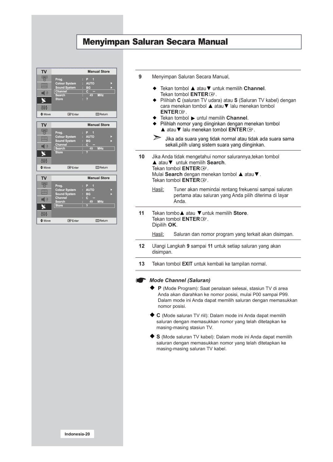 Samsung LA15S51B, LA20S51B manual Anda, Mode Channel Saluran 