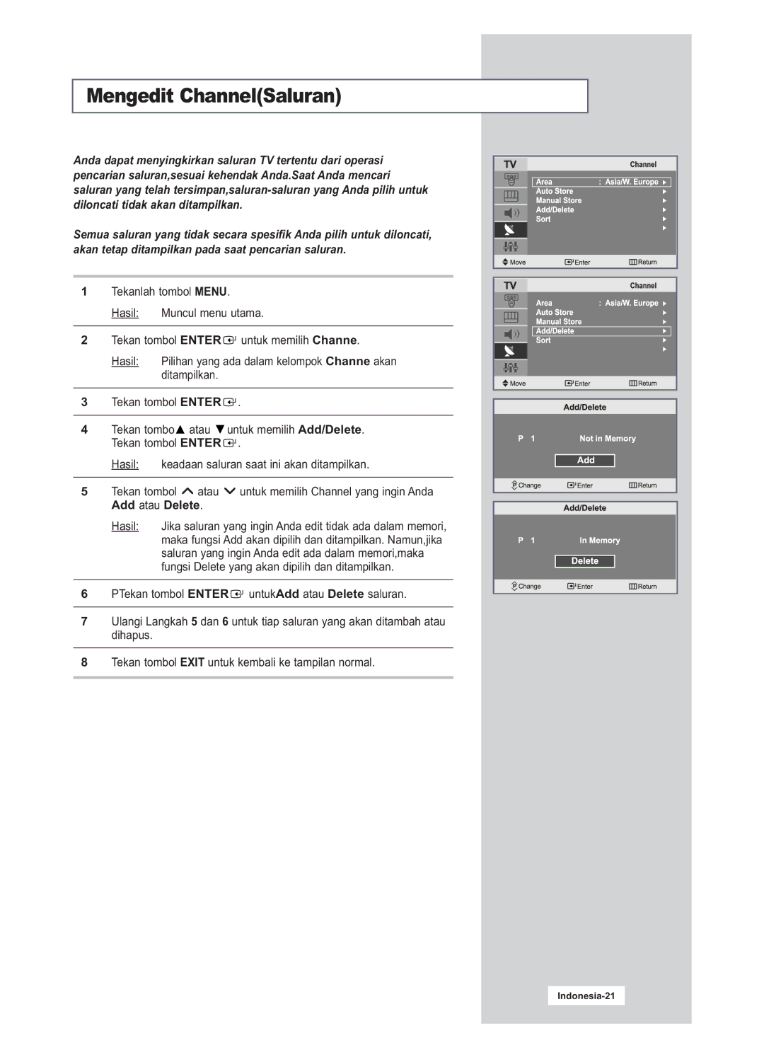Samsung LA20S51B, LA15S51B manual Mengedit ChannelSaluran, Fungsi Delete yang akan dipilih dan ditampilkan 