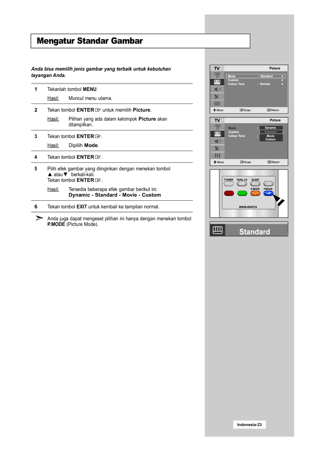 Samsung LA20S51B, LA15S51B manual Mengatur Standar Gambar, Dynamic Standard Movie Custom 