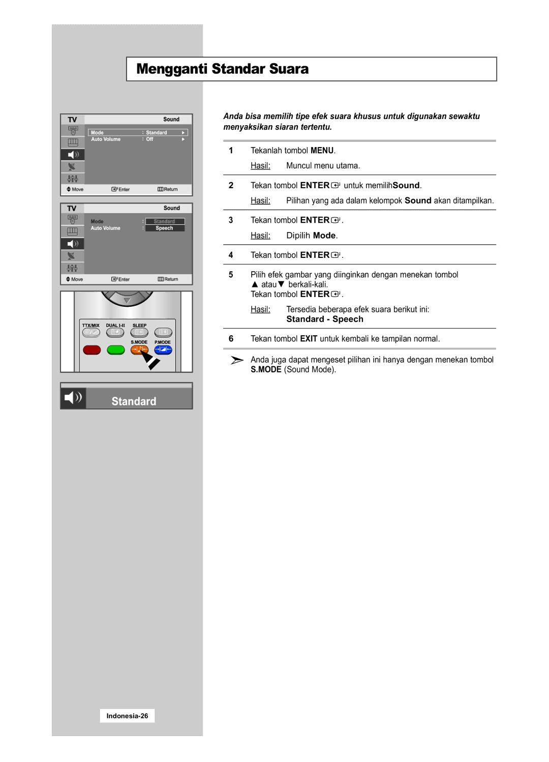 Samsung LA15S51B, LA20S51B manual Mengganti Standar Suara, Standard Speech 