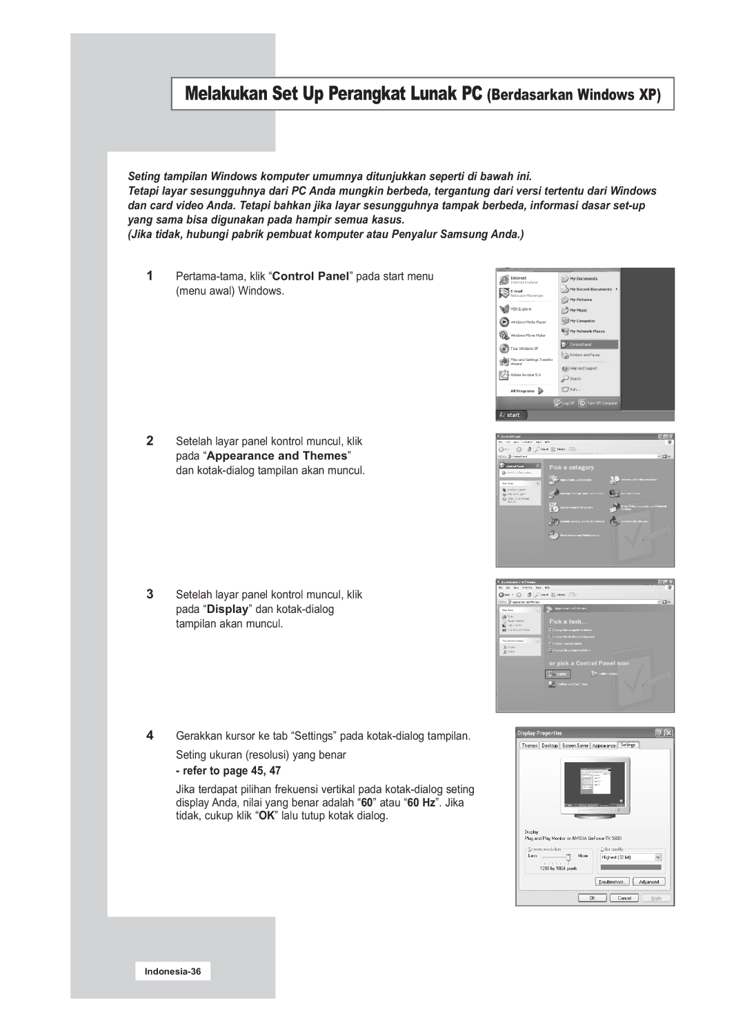 Samsung LA15S51B, LA20S51B manual Melakukan Set Up Perangkat Lunak PC Berdasarkan Windows XP, Refer to page 45 