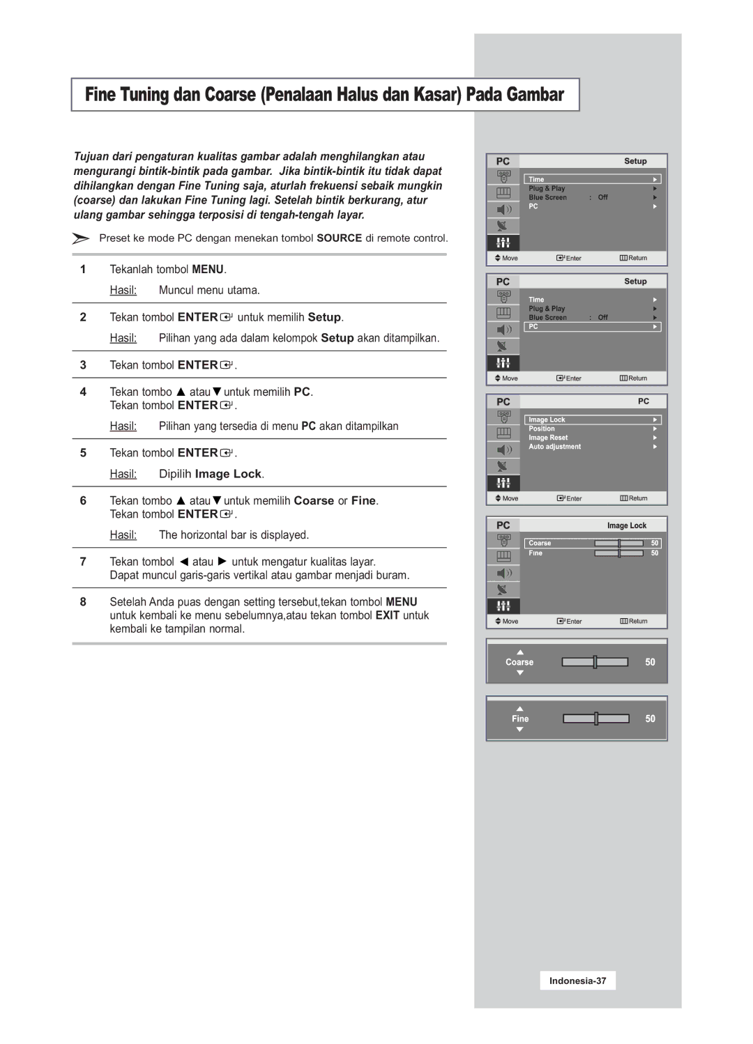 Samsung LA20S51B, LA15S51B manual Fine Tuning dan Coarse Penalaan Halus dan Kasar Pada Gambar 