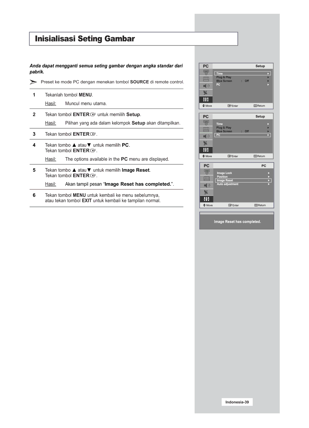 Samsung LA20S51B, LA15S51B manual Inisialisasi Seting Gambar, Akan tampil pesan Image Reset has completed 