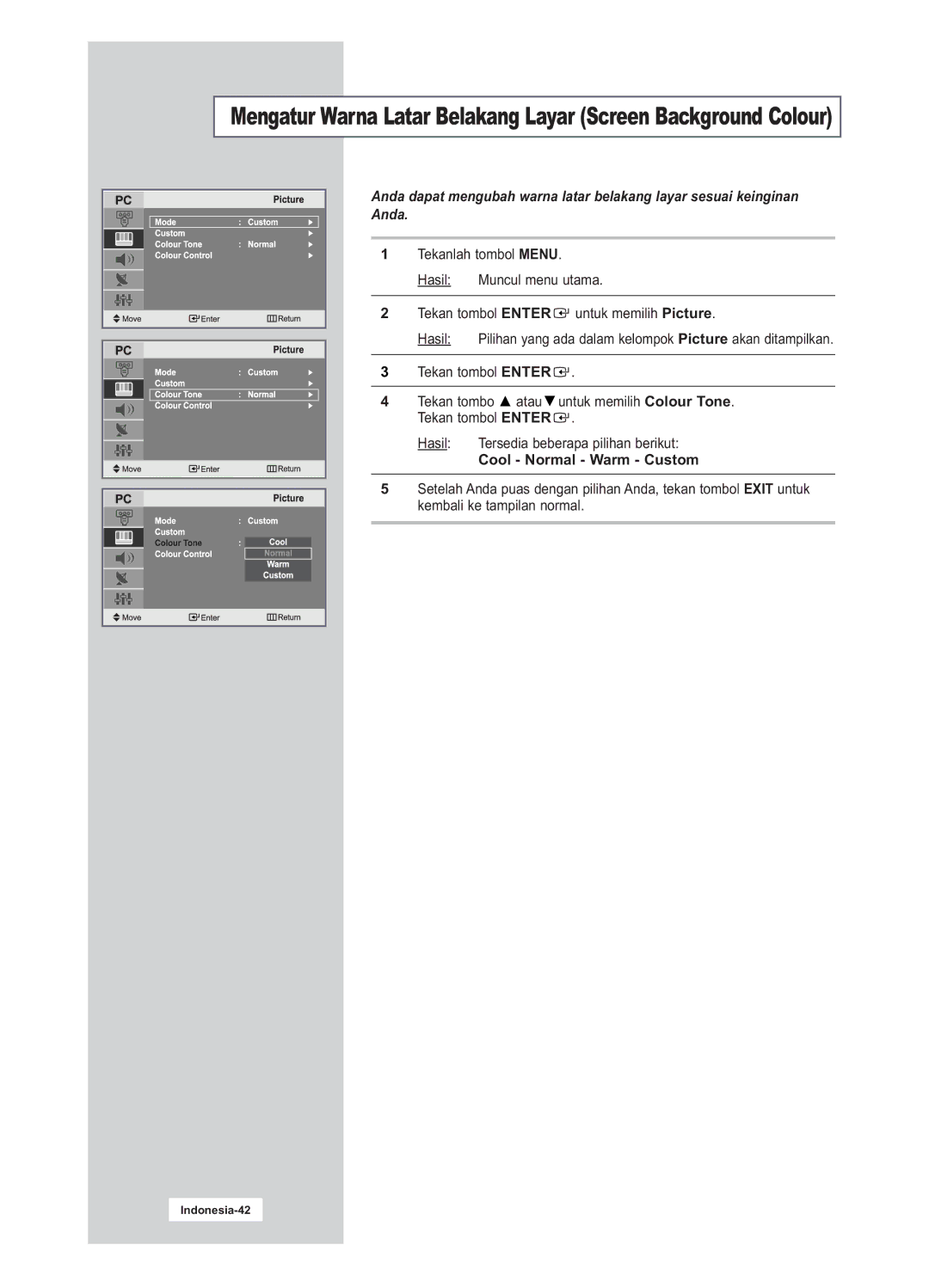 Samsung LA15S51B, LA20S51B manual Tekan tombo atau, Cool Normal Warm Custom 