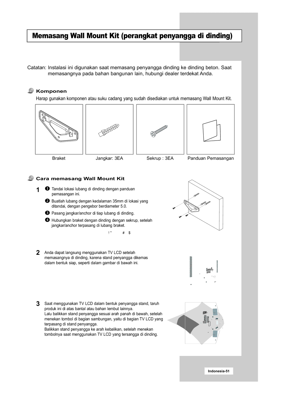 Samsung LA20S51B, LA15S51B manual Komponen, Braket Jangkar 3EA Sekrup 3EA, Cara memasang Wall Mount Kit 