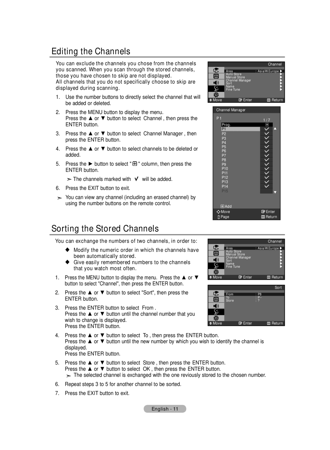 Samsung LA19R7 manual Editing the Channels, Sorting the Stored Channels 