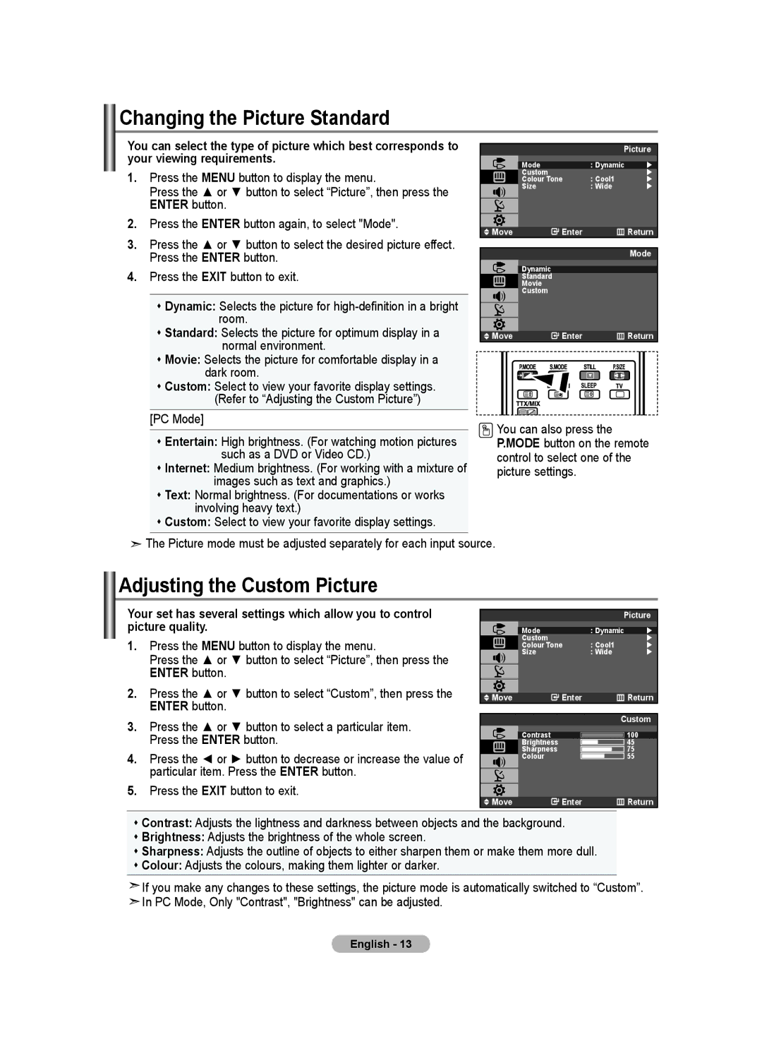 Samsung LA19R7 Adjusting the Custom Picture, PC Mode You can also press, Such as a DVD or Video CD Control to select one 