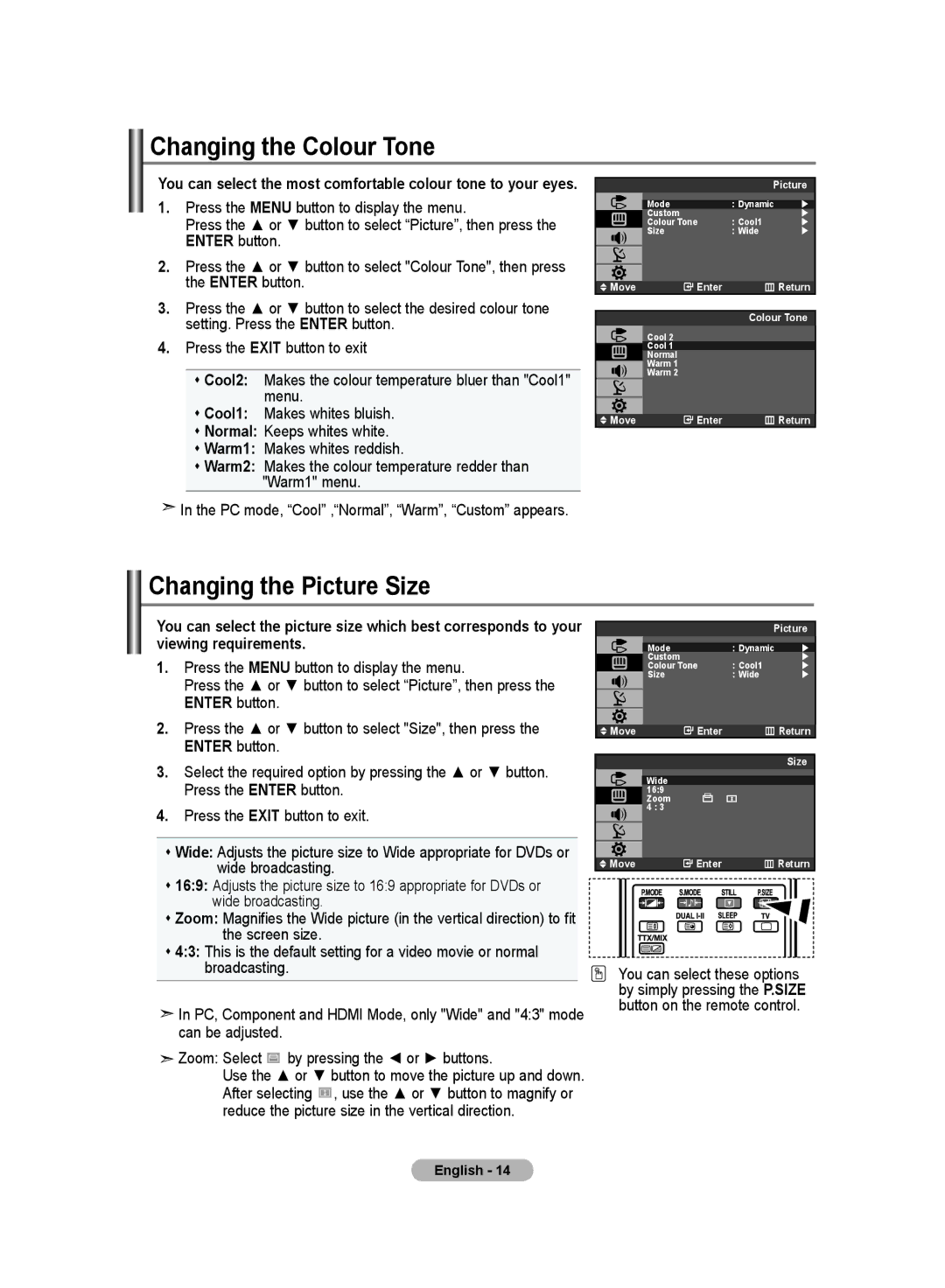 Samsung LA19R7 manual Changing the Colour Tone, Changing the Picture Size 