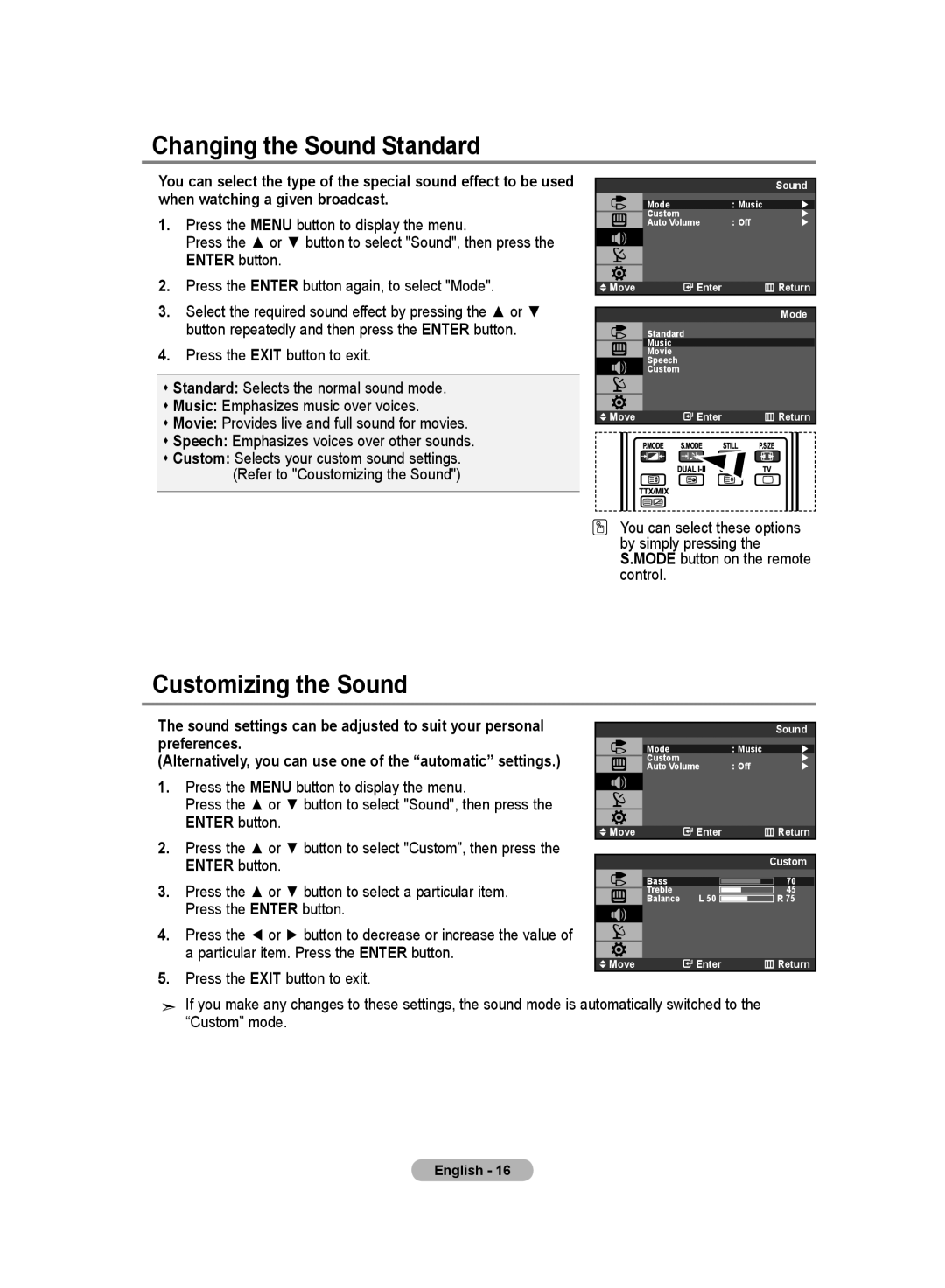 Samsung LA19R7 manual Changing the Sound Standard, Customizing the Sound, Enter button 