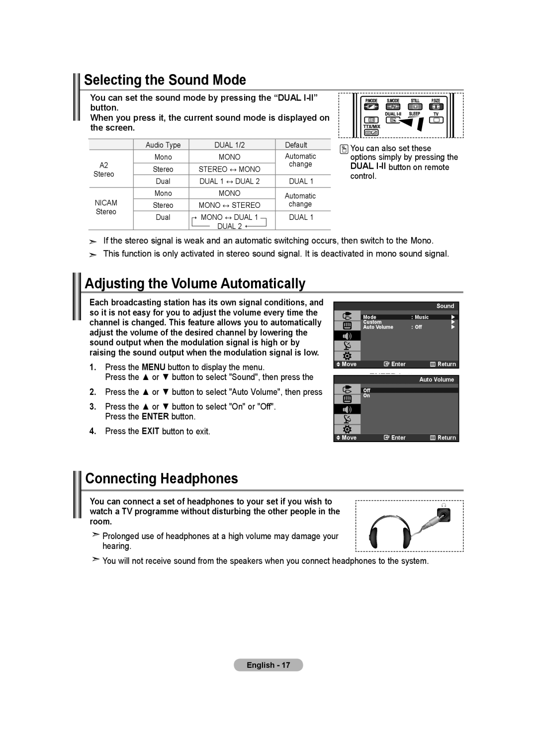 Samsung LA19R7 manual Selecting the Sound Mode, Adjusting the Volume Automatically, Connecting Headphones 