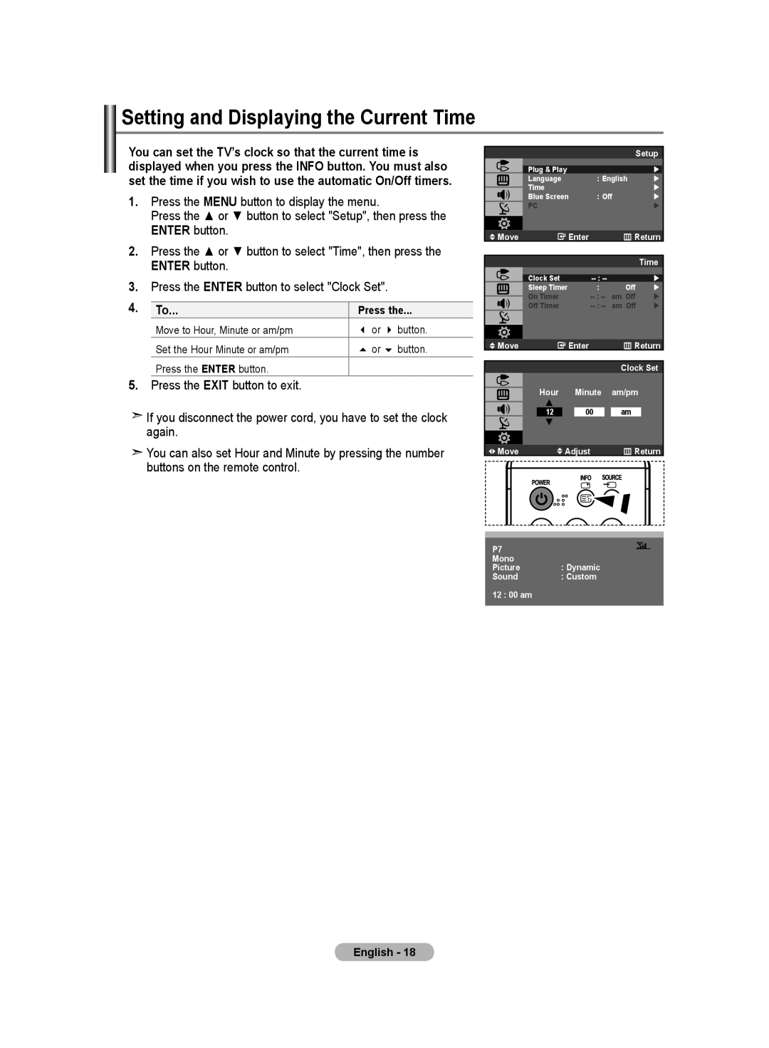 Samsung LA19R7 manual Setting and Displaying the Current Time, Press 