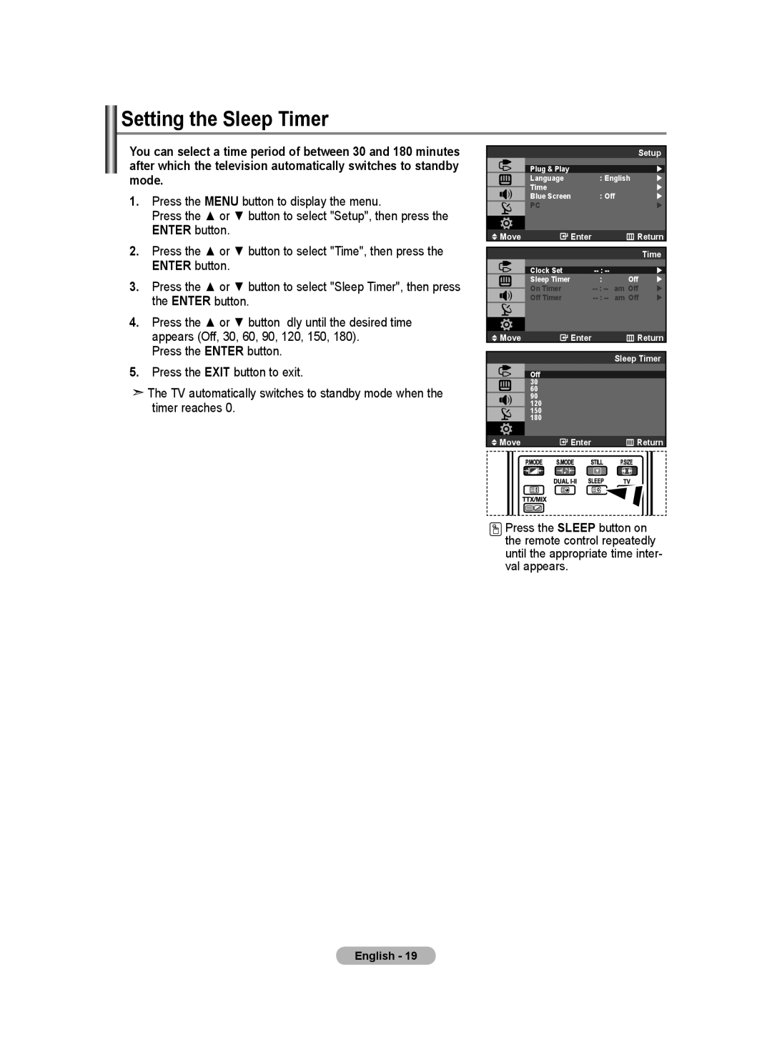 Samsung LA19R7 manual Setting the Sleep Timer 