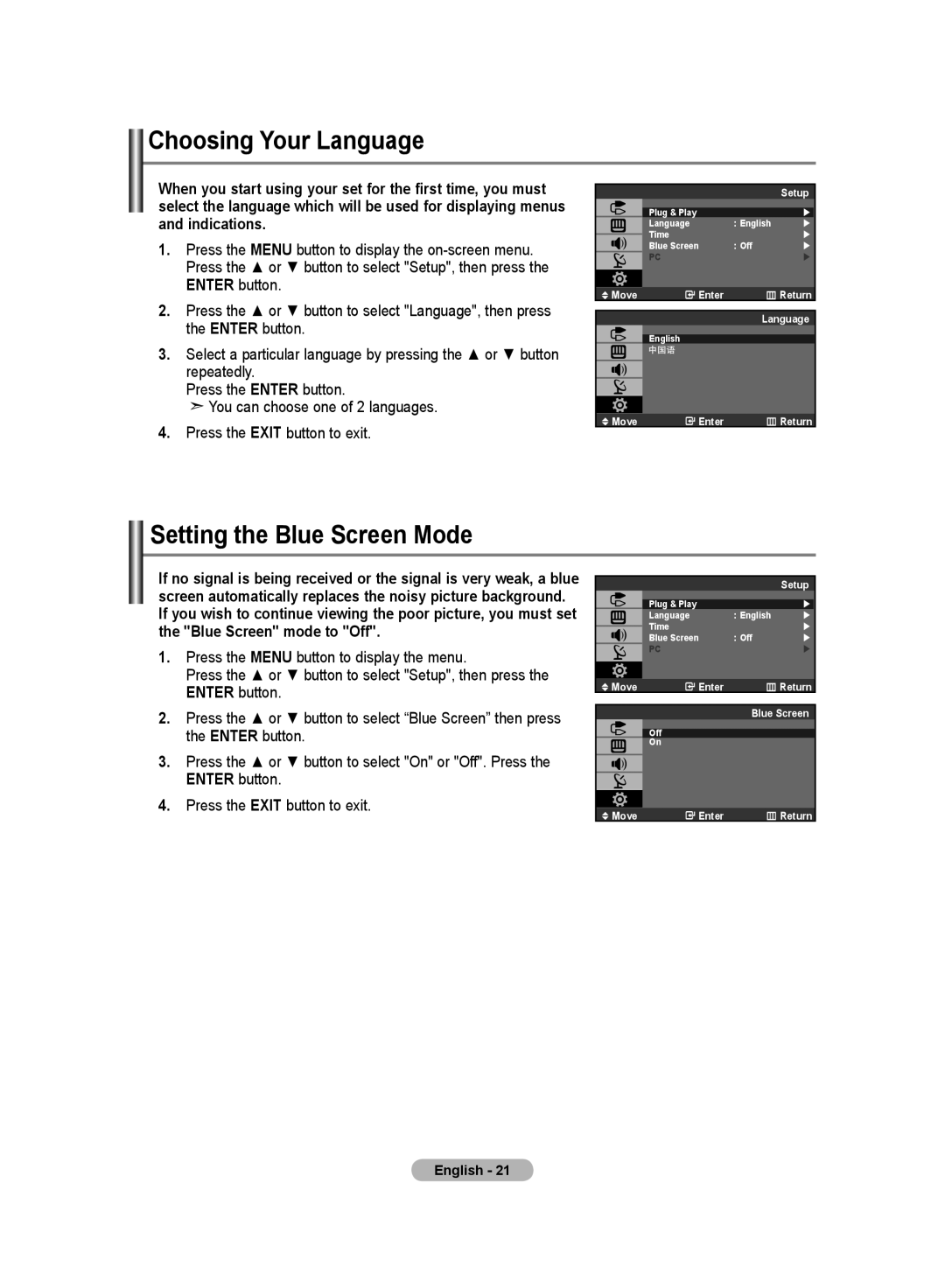 Samsung LA19R7 manual Choosing Your Language, Setting the Blue Screen Mode, Enter button Press the Exit button to exit 