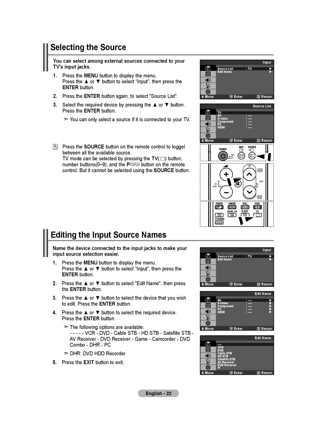 Samsung LA19R7 manual Selecting the Source, Editing the Input Source Names 