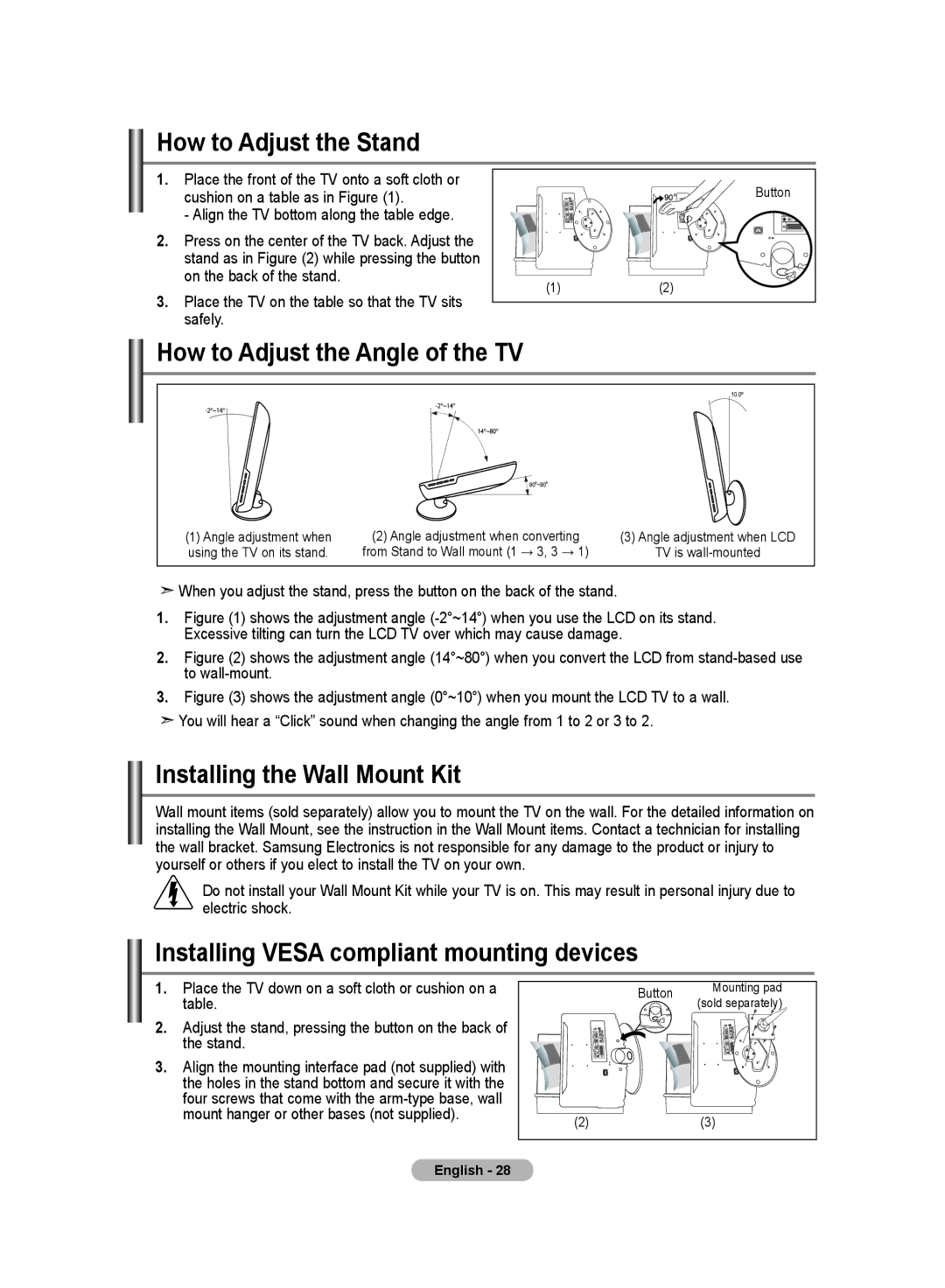 Samsung LA19R7 manual How to Adjust the Stand, How to Adjust the Angle of the TV, Installing the Wall Mount Kit 