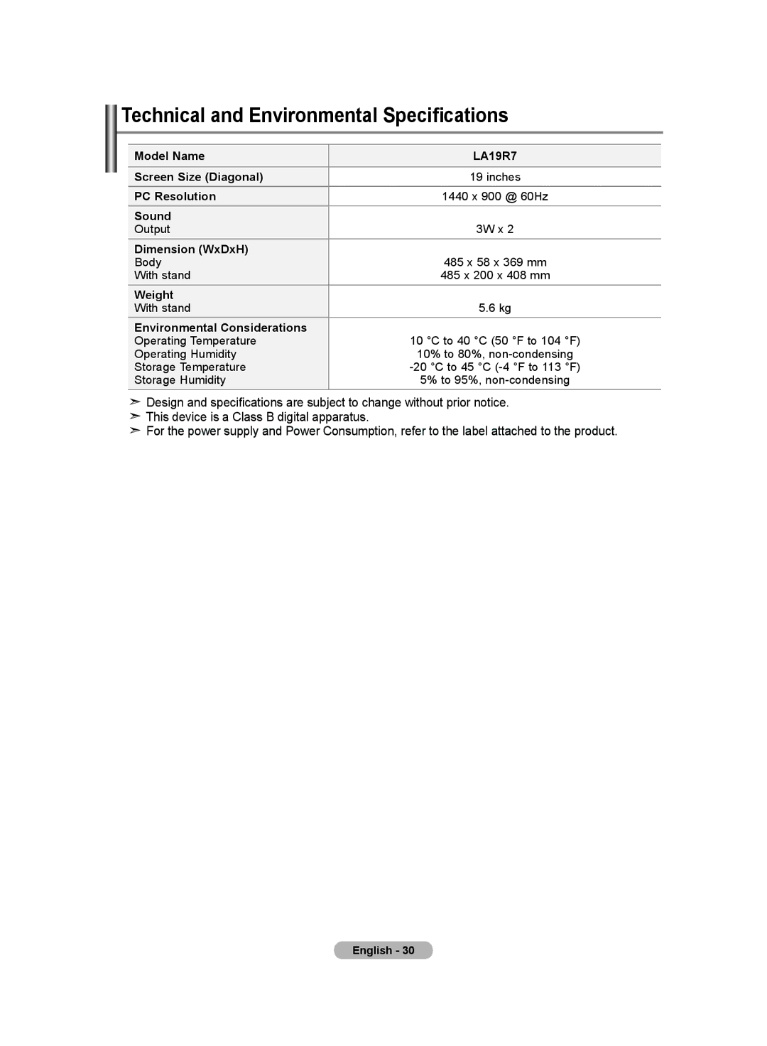 Samsung LA19R7 manual Technical and Environmental Specifications, Environmental Considerations 