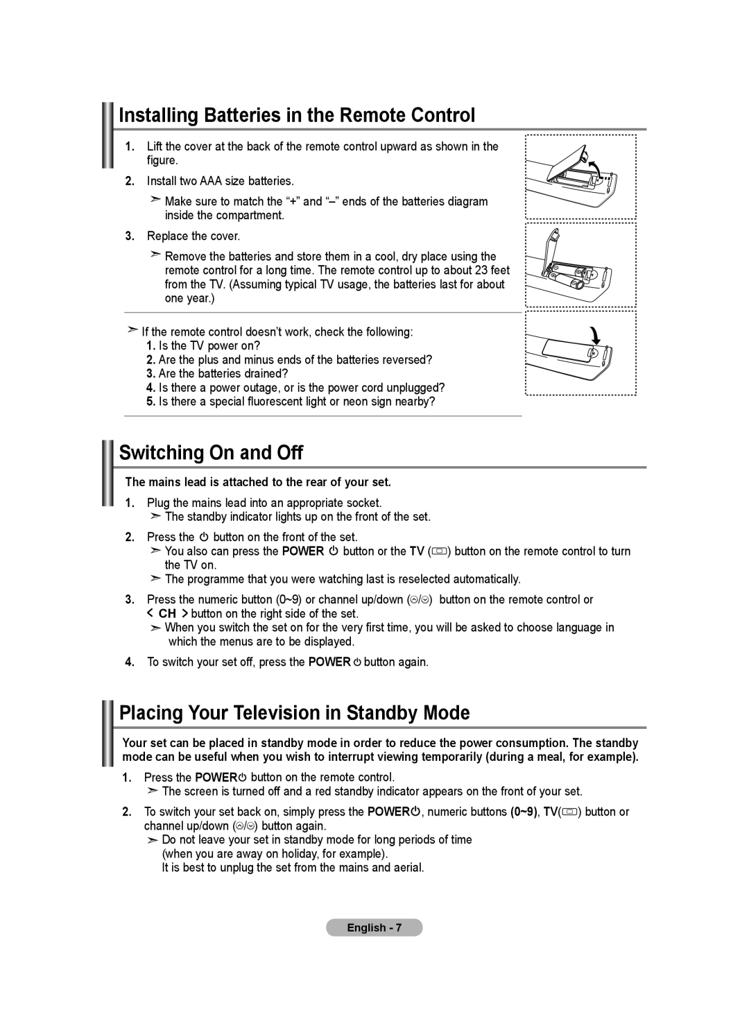 Samsung LA19R7 Installing Batteries in the Remote Control, Switching On and Off, Placing Your Television in Standby Mode 