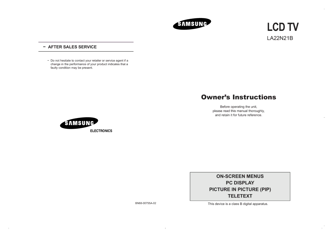 Samsung LA22N21B manual Lcd Tv 