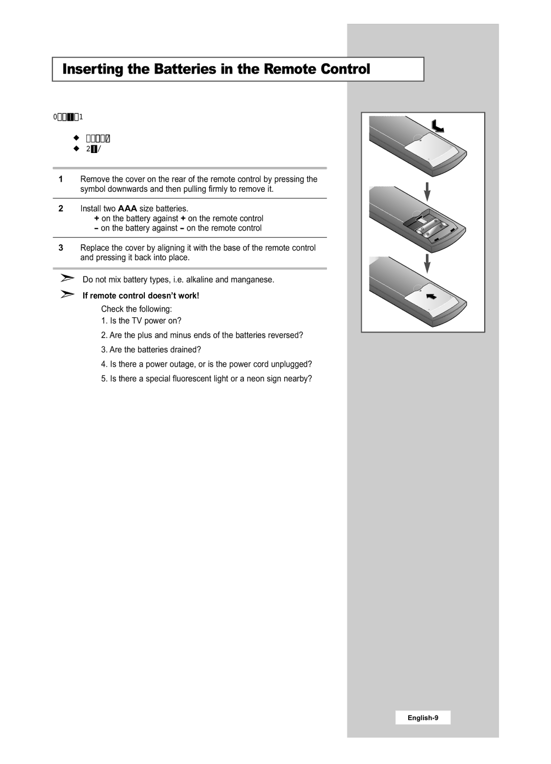 Samsung LA22N21B manual Inserting the Batteries in the Remote Control, If remote control doesn’t work 