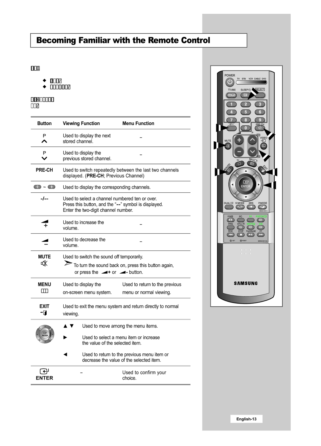 Samsung LA22N21B manual Becoming Familiar with the Remote Control, Button Viewing Function 