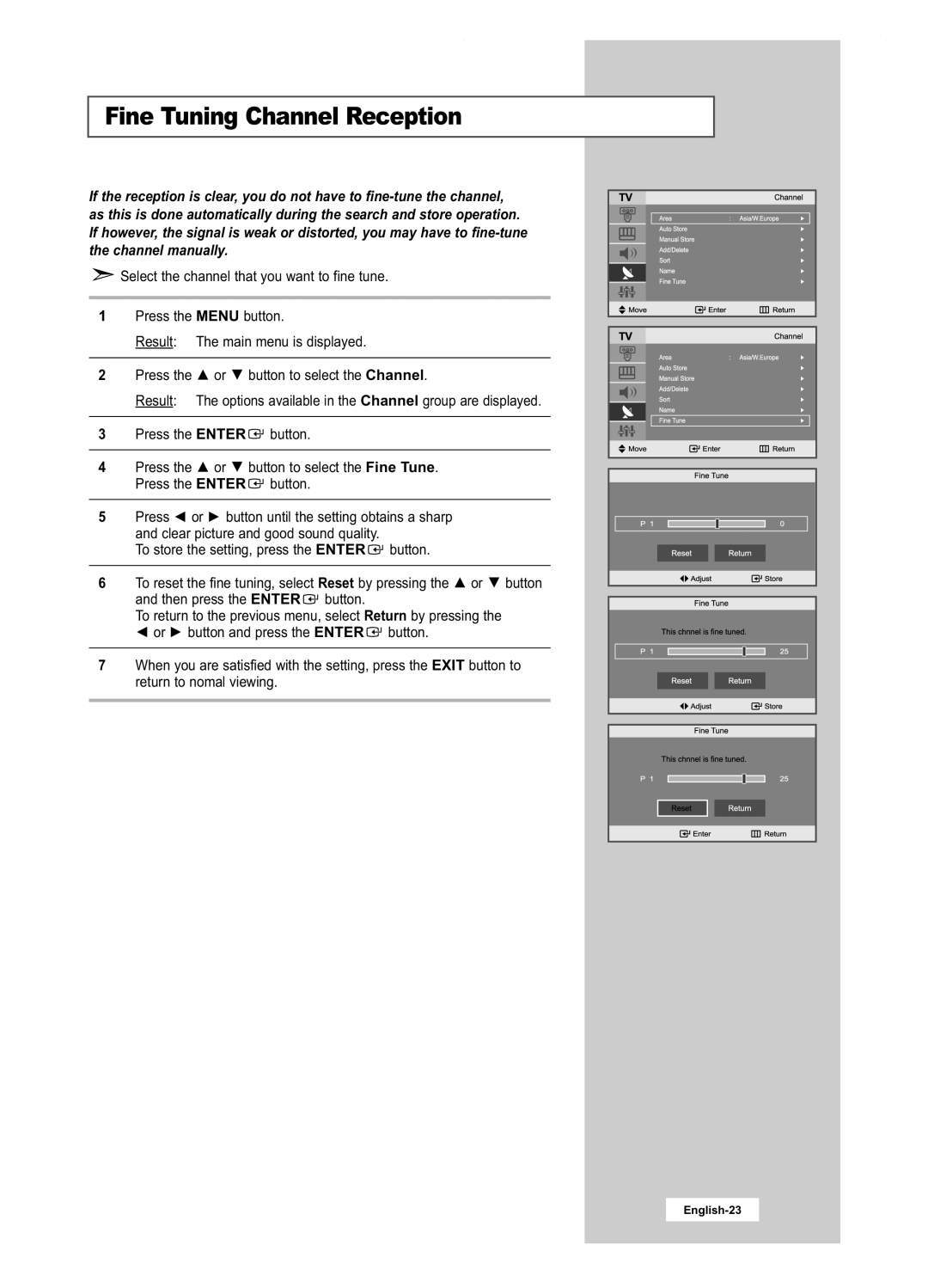 Samsung LA22N21B manual Fine Tuning Channel Reception 