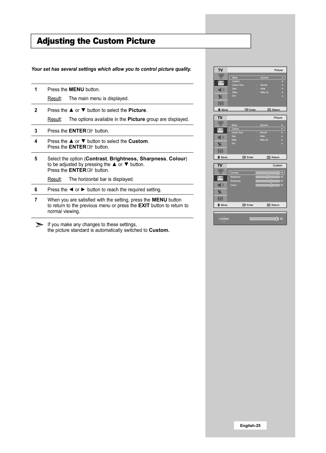 Samsung LA22N21B manual Adjusting the Custom Picture 