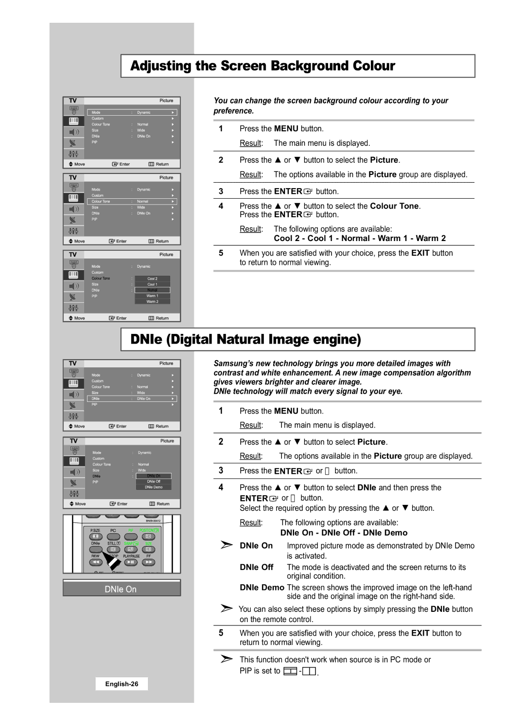 Samsung LA22N21B Adjusting the Screen Background Colour, DNIe Digital Natural Image engine, DNIe On DNIe Off DNIe Demo 