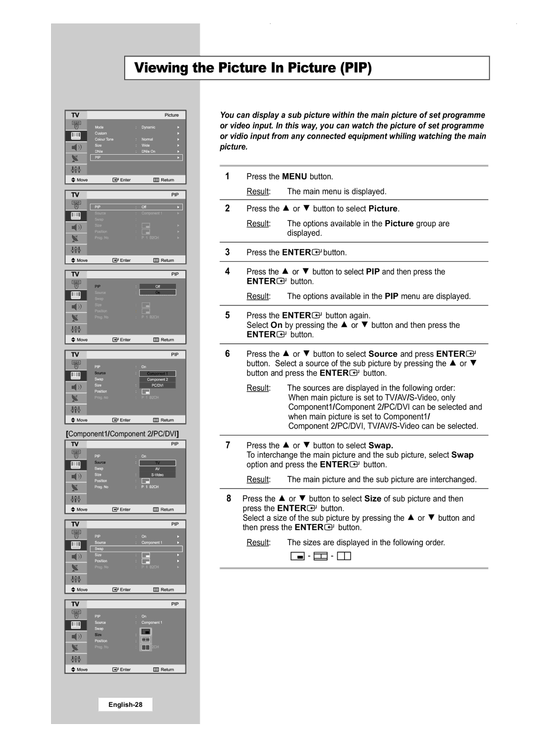 Samsung LA22N21B manual Viewing the Picture In Picture PIP 