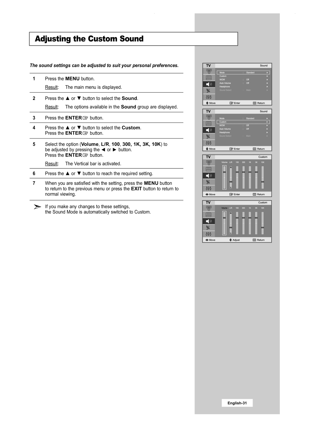 Samsung LA22N21B manual Adjusting the Custom Sound 