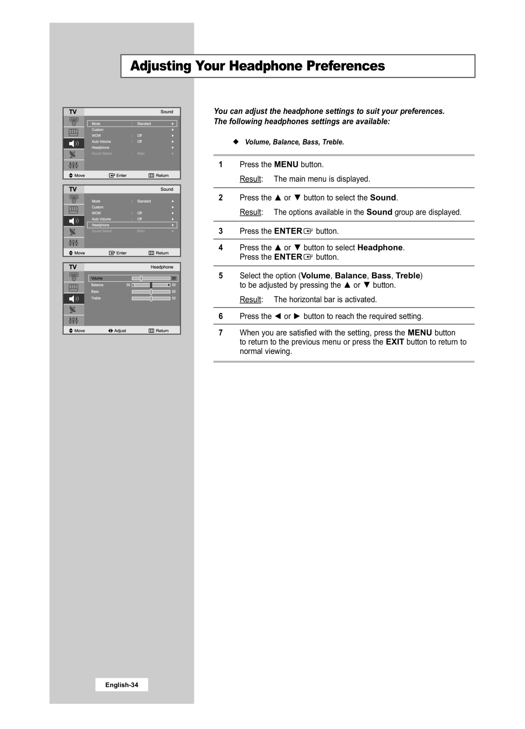 Samsung LA22N21B manual Adjusting Your Headphone Preferences 