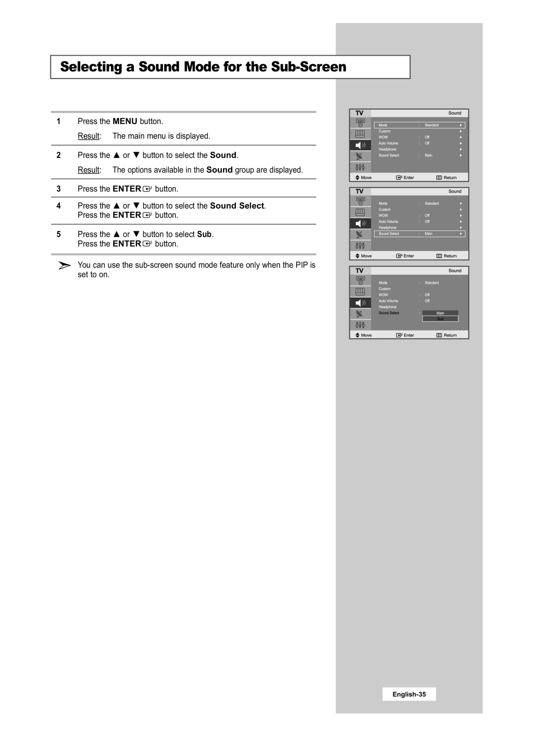 Samsung LA22N21B manual Selecting a Sound Mode for the Sub-Screen 