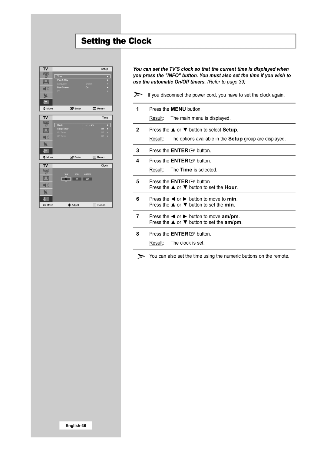 Samsung LA22N21B manual Setting the Clock 