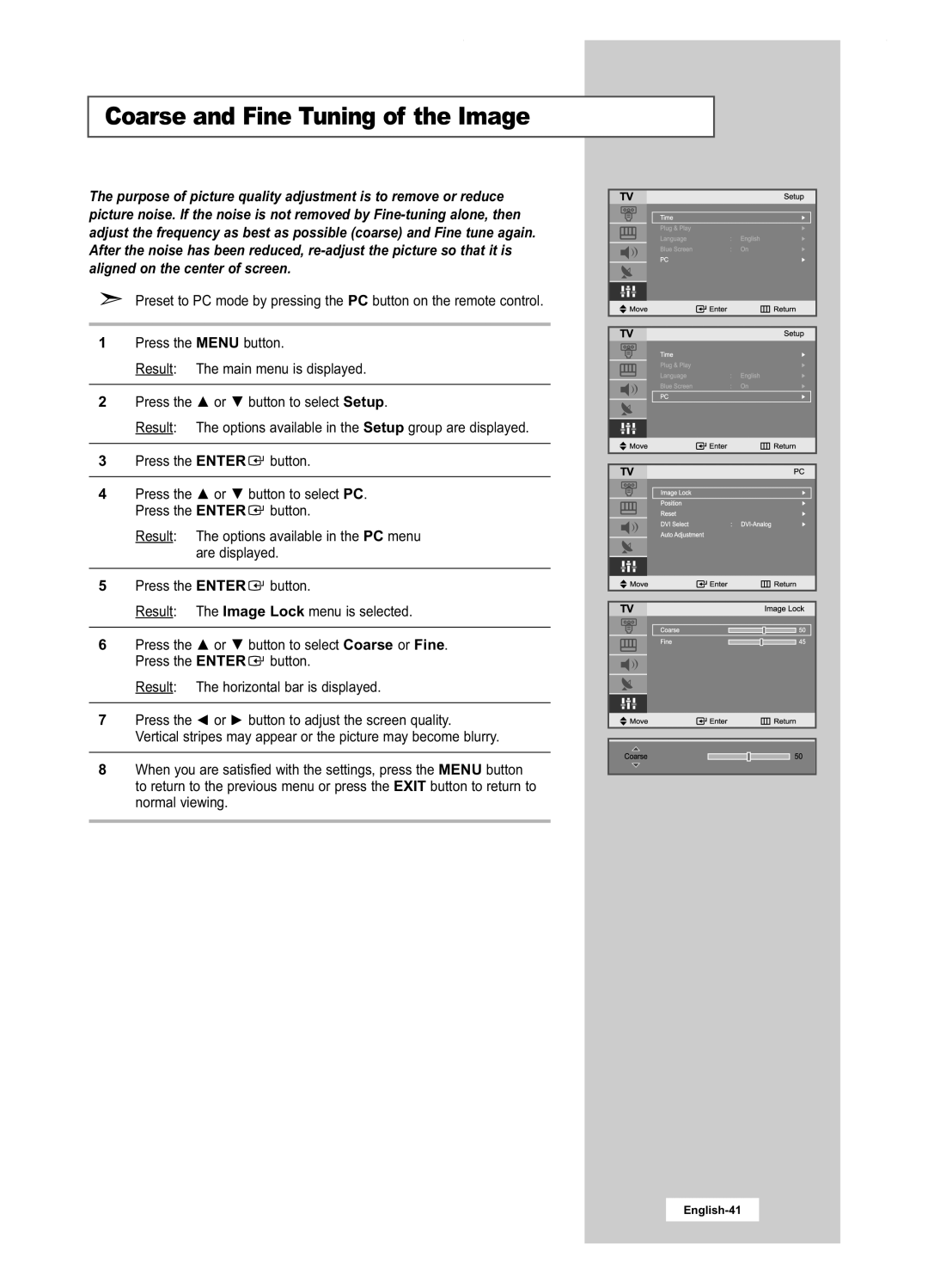 Samsung LA22N21B manual Coarse and Fine Tuning of the Image 