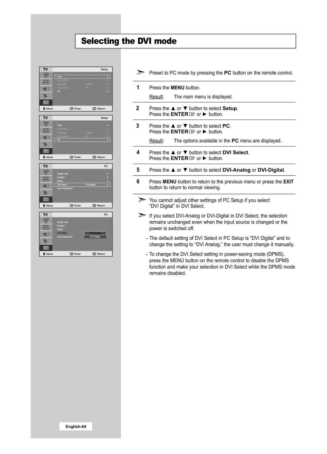 Samsung LA22N21B manual Selecting the DVI mode, Button to select DVI-Analog or DVI-Digital 