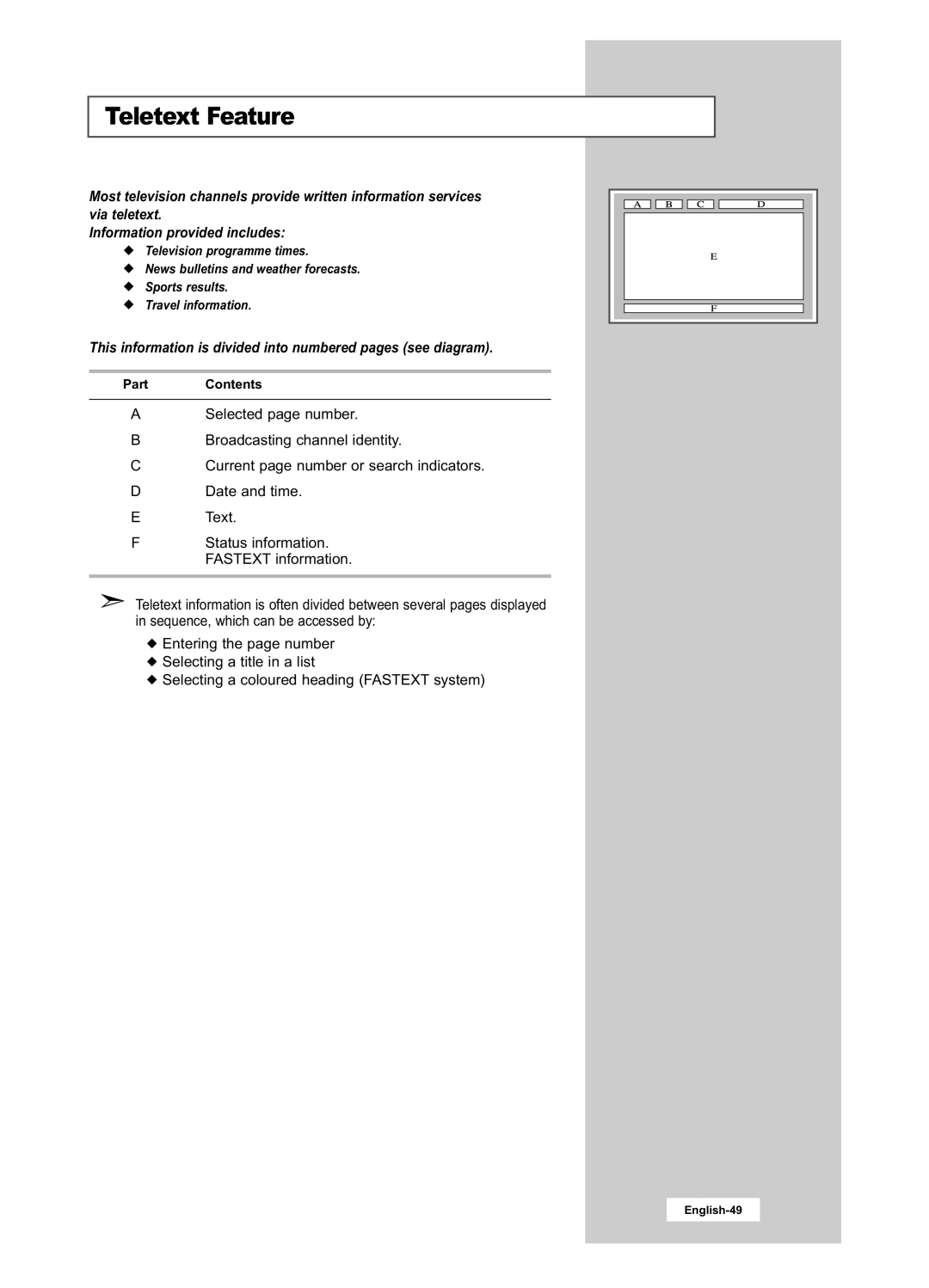 Samsung LA22N21B manual Teletext Feature, This information is divided into numbered pages see diagram 