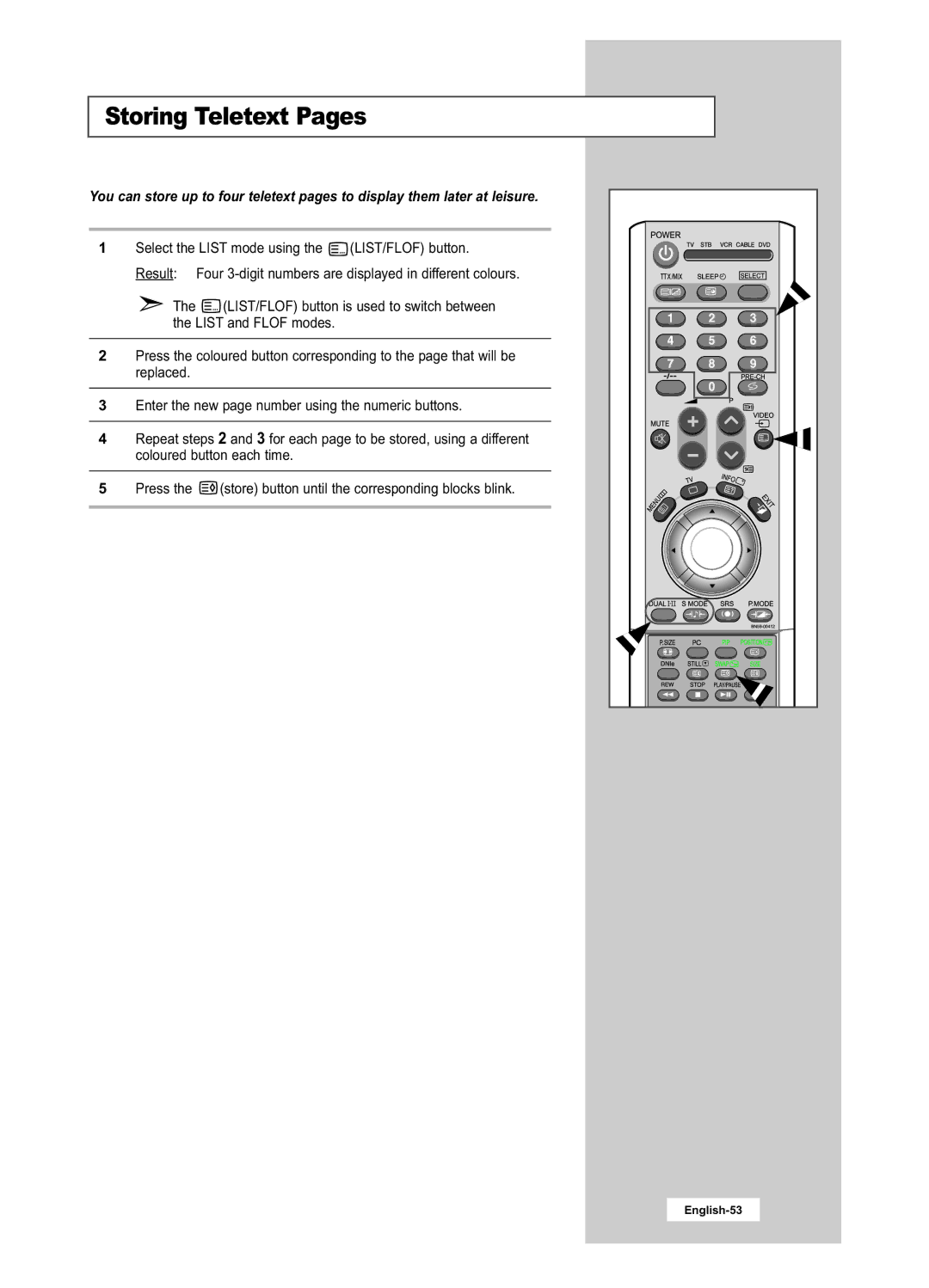 Samsung LA22N21B manual Storing Teletext Pages 