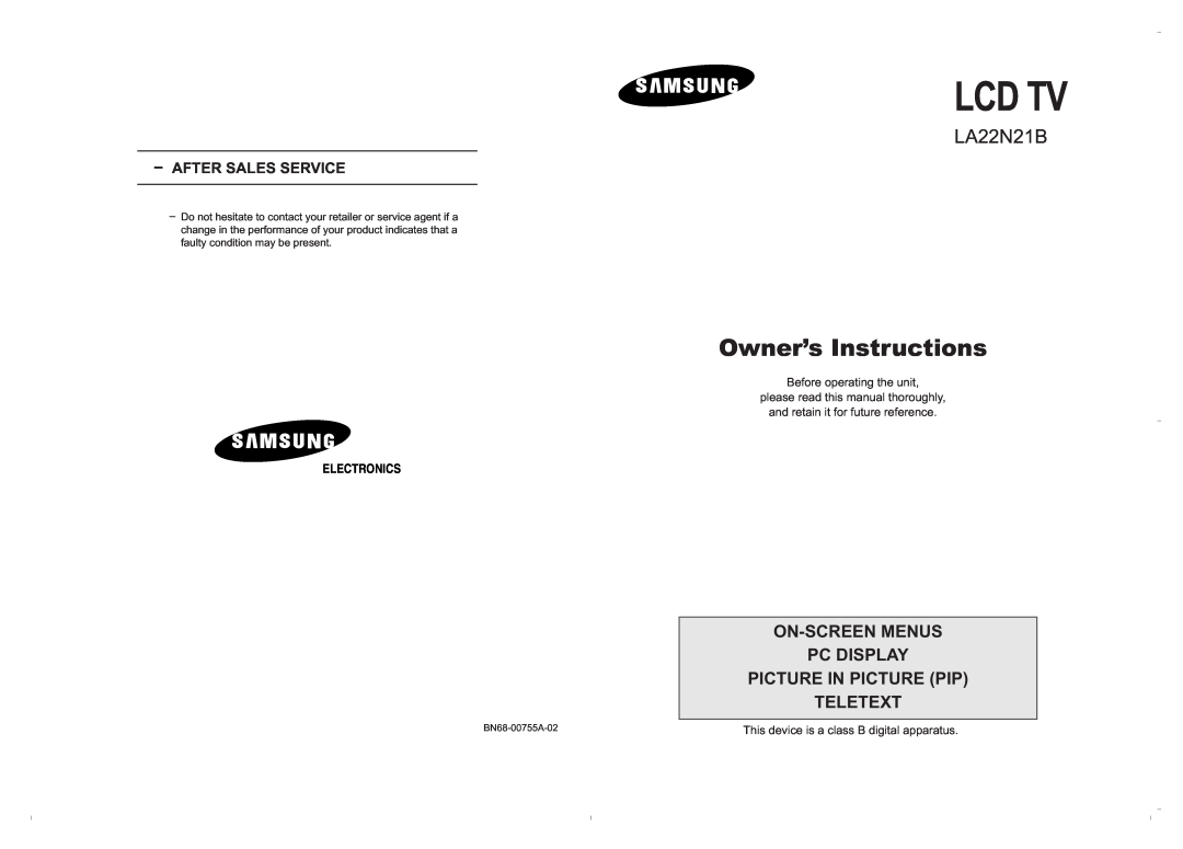 Samsung LA22N21B manual Owner’s Instructions, On-Screen Menus Pc Display Picture In Picture Pip Teletext, Lcd Tv 