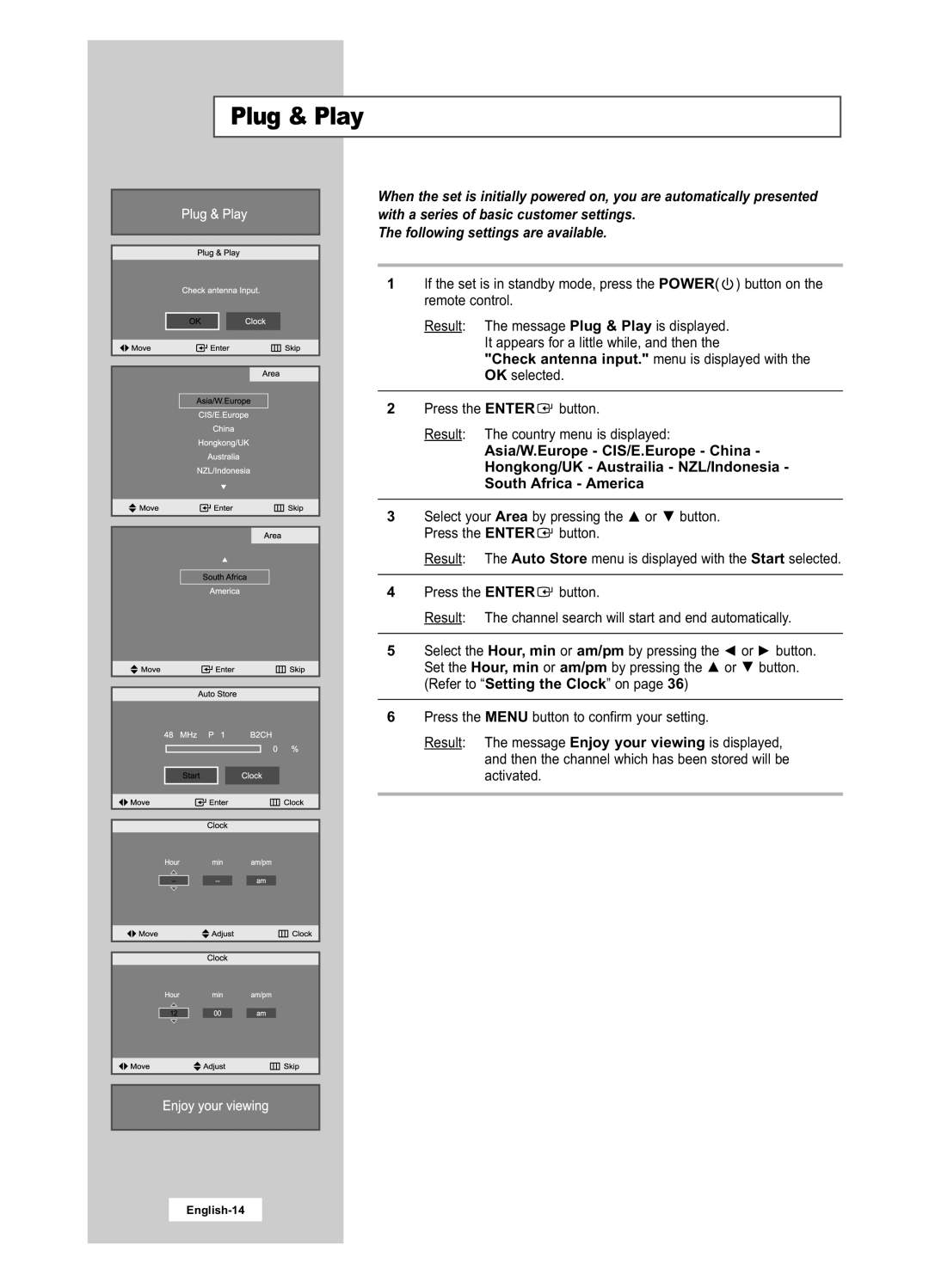 Samsung LA22N21B manual Plug & Play, The following settings are available, Asia/W.Europe - CIS/E.Europe - China 
