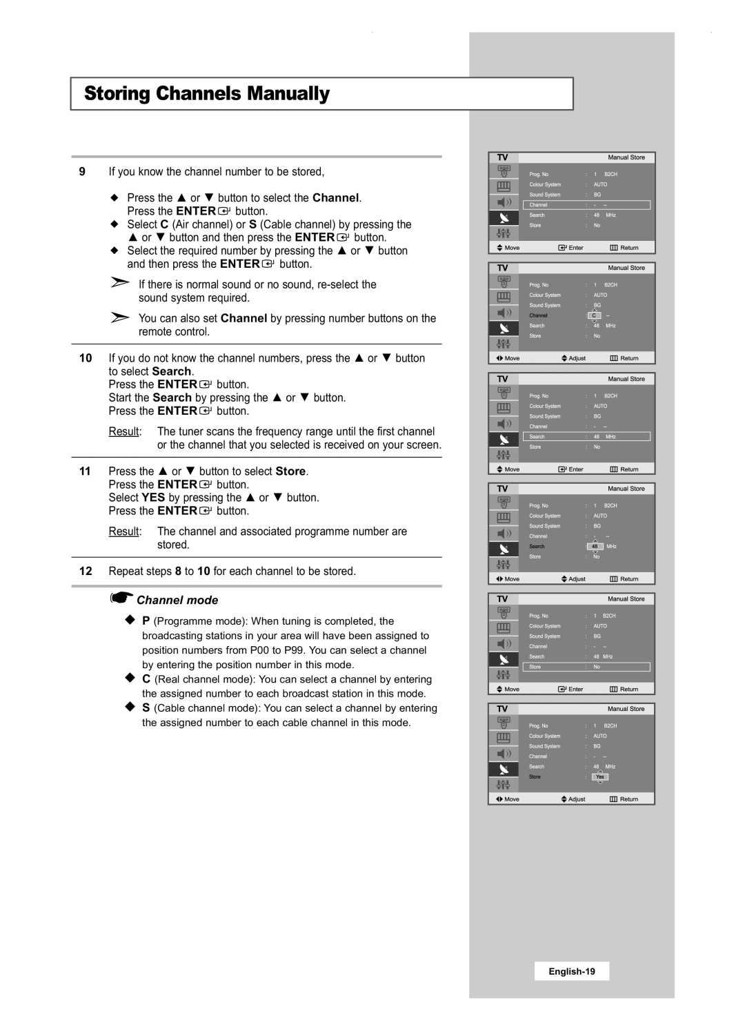 Samsung LA22N21B manual Channel mode, Storing Channels Manually, English-19 